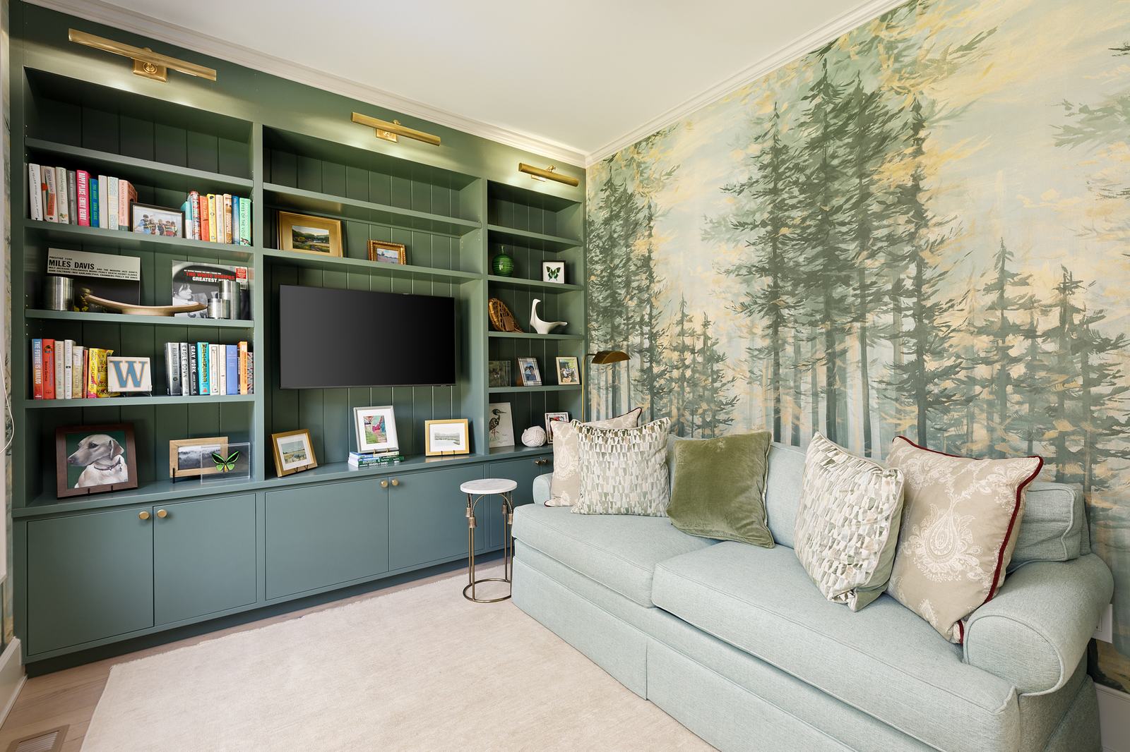 Painted built-in bookcases around a reading nook